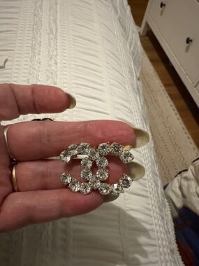 Crystal CC Logo Brooch - Clear Rhinestone Fashion Pin